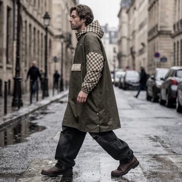Poncho de pluie Long "Damier Kaki" (adulte)