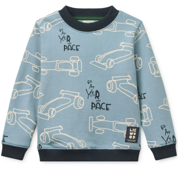 Sweat enfant en coton bio Ridley "Race Cars Beach Blue"