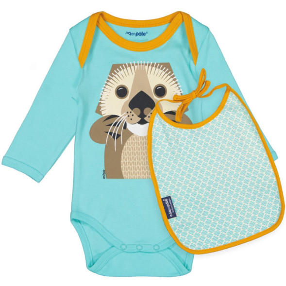 Set body + bavoir en coton bio "Mibo Loutre Bleu"