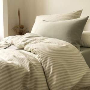 Housse de couette enfant (140x200cm) en Percale de Coton Bio "Rayé Tilleul" Kadolis