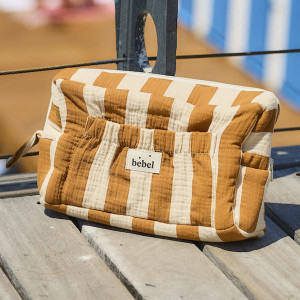 Trousse de toilette en double gaze de  coton Capsule "Elma - Rayures Camel" Bebel Bebel
