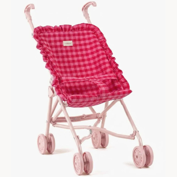 Poussette à volants pour poupée et poupon "Vichy Cerise"