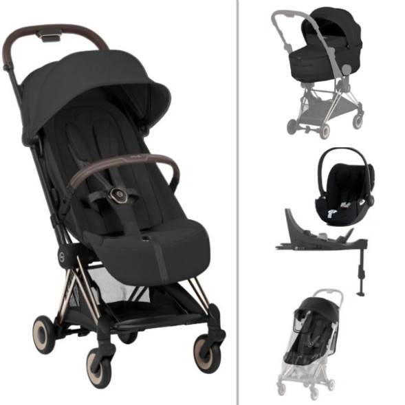 Pack XL Poussette COYA Style Champagne "Sepia Black" + Nacelle Pliable + Cloud T + Base T + Habillage Pluie + Garde-corps