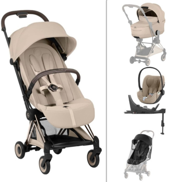 Pack XL Poussette COYA Style Champagne "Cozy Beige" + Nacelle Pliable + Cloud T + Base T + Habillage Pluie + Garde-corps