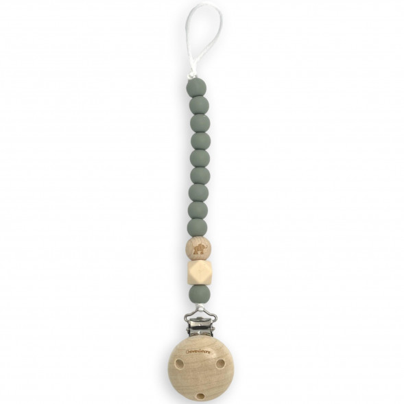 Attache tétine en perles de silicone avec clip en bois Elephant Gravé "Vert Sauge Foncé"