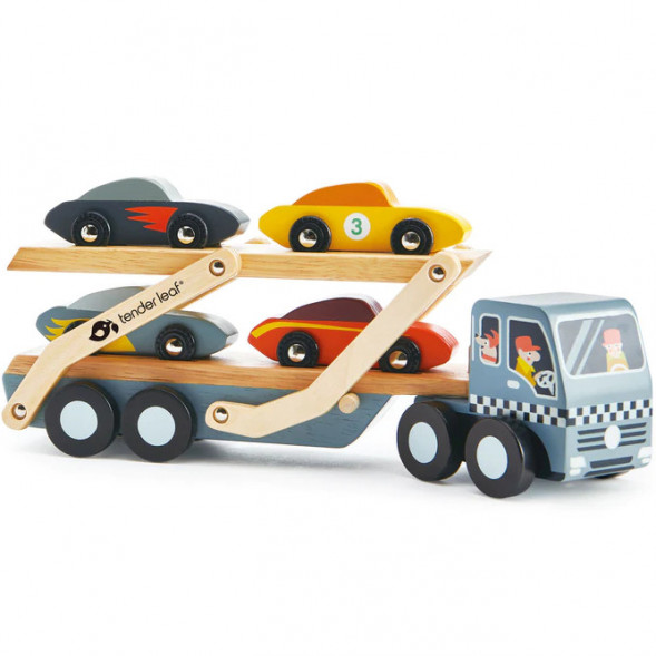 Camion remorque en bois avec 4 véhicules (3-6 ans)